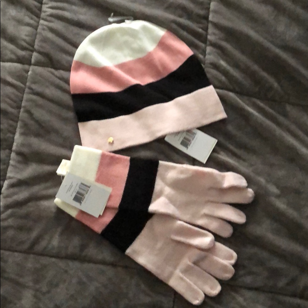 Kate Spade Pnk/BLk/Rose/Crm Beanie and Gloves Set